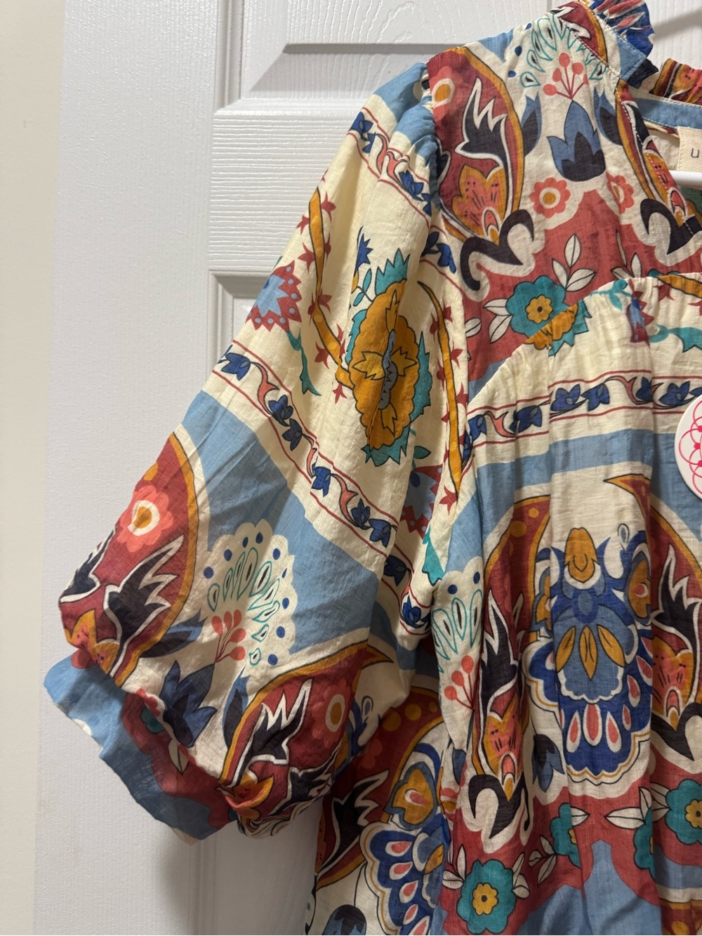 Umgee Cream Floral Boho Blouse with Rust & Blue Accents - Picture 2 of 6